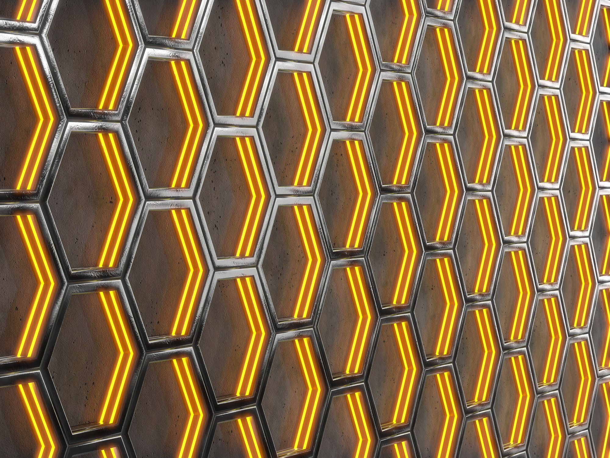 Glowing hexagonal cells on a concrete background. Abstract background with geometric structure.